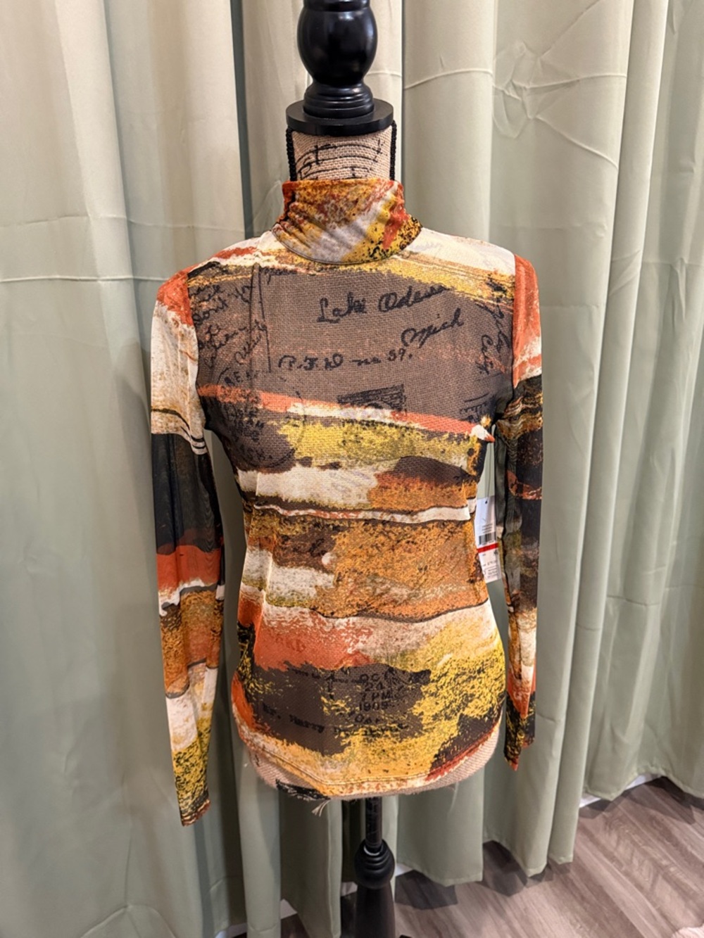 DKNY Multicolor Sheer Mock Neck Long-Sleeve Top in Rust, Mustard, Black & Cream